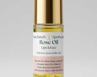 Aceite de rosa para labios y rostro con rodillo de cuarzo rosa – Escamas de oro de 24 quilates