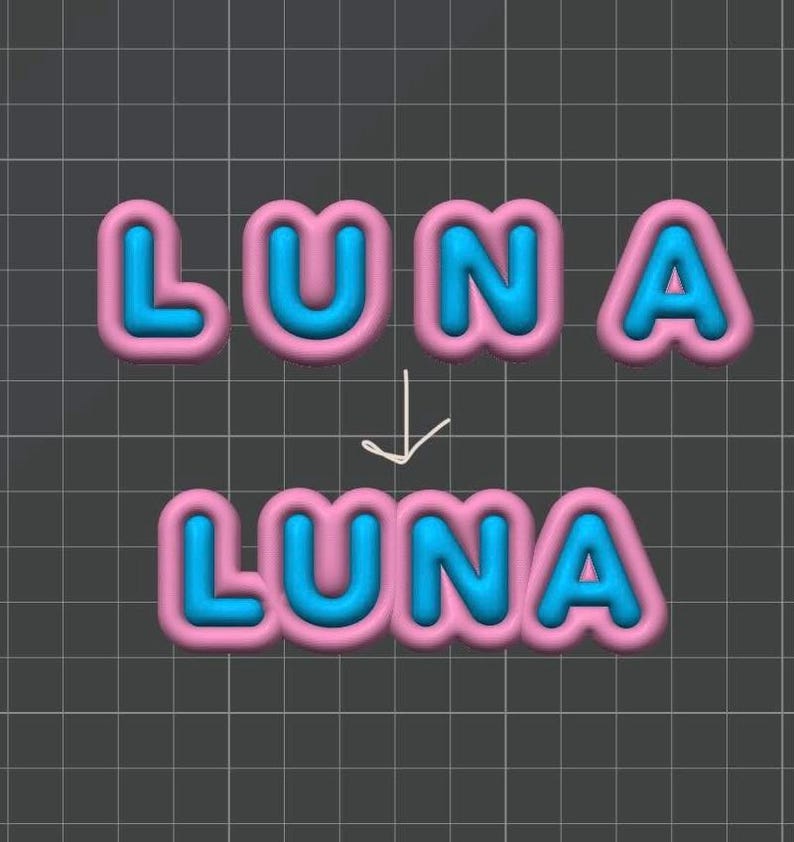 May include: Two rows of the word LUNA rendered in a 3D bubble font. The letters have bright blue centers surrounded by thick, rounded pink outlines. A white hand-drawn arrow points downward from the top row to the bottom row of text.