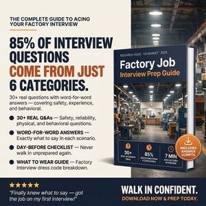 Può includere: Un libro intitolato "Factory Job Interview Prep Guide" con il testo "The Complete Guide to Acing Your Factory Interview". La copertina include statistiche: l'85% delle domande del colloquio provengono da 6 categorie. Include script di risposta. Guida alla ricerca per il mercato statunitense nel 2025.