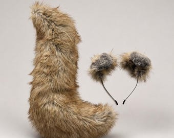 Handgefertigter Wolf Schwanz und Ohren Set, Kunstpelz Wolf Kostüm Accessoire, Wolf Ohren Stirnband, Furry Cosplay Set, Halloween Wolf Set