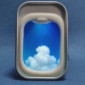 May include: A rectangular metal tin featuring a rounded frame that mimics an airplane window. The interior displays a vibrant blue sky with a cluster of white, fluffy clouds, creating a three-dimensional depth effect within the metallic casing.