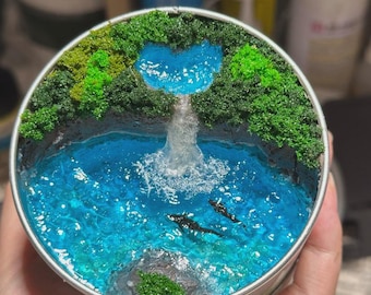 Handmade Dolphin Crescent Island Tin Box Diorama, Ocean Waterfall Miniature, Tiny Coastal Landscape, Desk Decor, Ocean Lover Gift