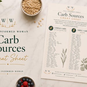 May include: A printed "Carb Sources Cheat Sheet" on a marble surface, with text and graphics. The sheet lists complex and simple carbs. Bowls of grains and berries surround the sheet, with a sprig of greenery and a glass of water.
