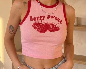 Berry Sweet Strawberry Crop Tank Top Pink Y2K Ringer Graphic Tee Women Summer