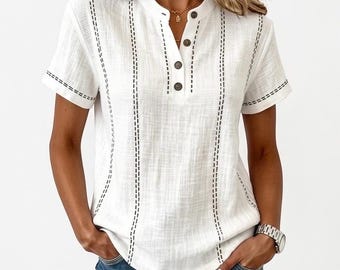 Women's Henley Blouse, Short Sleeve Button Top, Casual Summer Shirt, Boho Style Top