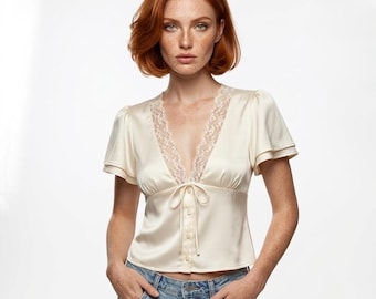 Satin Lace Crop Top, V-Neck Ribbon Tie Blouse, Black Ivory Yellow, Coquette Cottagecore, Puff Sleeve Top