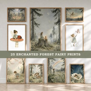 May include: A collection of 25 framed wall art prints featuring illustrations of fairies in forest settings, including scenes with mushrooms, deer, rainbows, and flowers, with the text 25 ENCHANTED FOREST FAIRY PRINTS displayed centrally.