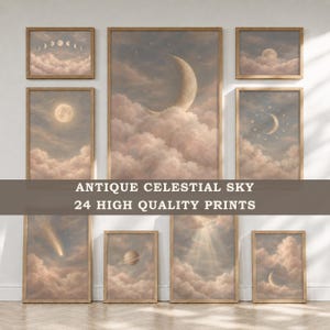 Celestial Cloud Art Print Set of 24, Antique Moon Phase Nursery Decor, Vintage Cloud Painting Wall Art, Gender Neutral Nursery Printable
