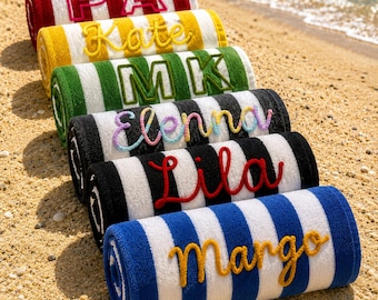 Cotton Chenille Beach Towel, Personalized Fluffy Embroidered Cabana Stripe Pool Towel, Custom Name Wedding Gift, Bridal Party Favor