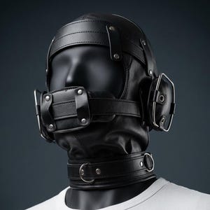 Könnte beinhalten: Eine schwarze Lederhaube mit Gesichtsbedeckung, Ohrenteilen und einem Halsband. Die Haube hat Riemen und Metallbeschläge. Die Schaufensterpuppe trägt ein weißes T-Shirt.
