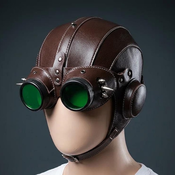 Steampunk Aviator Leather Helmet with Spiked Green Goggles for Cosplay and Halloween