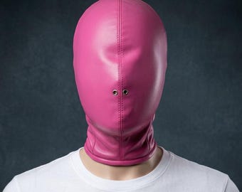 Pink Faux Leather Full Face Cosplay Hood for Adult Costume Parties and Masquerade Events
