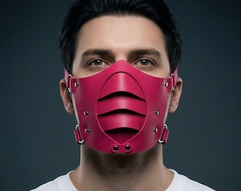 Pink Faux Leather Slotted Face Mask for Cyberpunk Cosplay and Rave Fashion