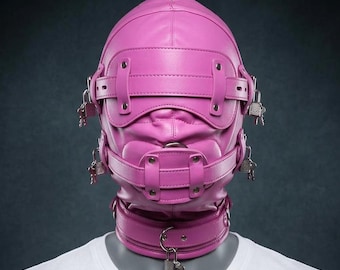 Pink Vegan Leather Full Head Mask featuring Lockable Collar and Blindfold Strap for Alternative Cosplay
