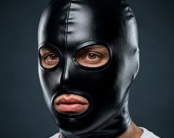 Sleek Black Wet Look Cosplay Hood with Open Eyes and Mouth for Costumes