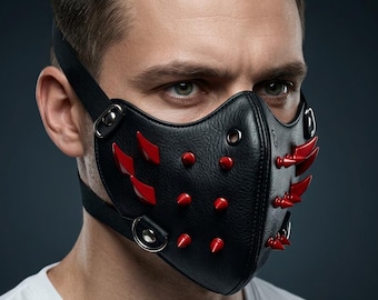 Red Spiked Faux Leather Face Mask for Goth Cosplay and Punk Festivals