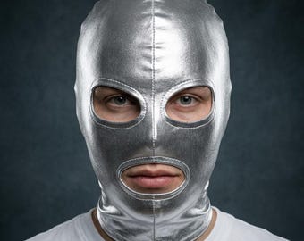 Shiny Silver Metallic Balaclava Hood with Open Eyes and Mouth for Cosplay