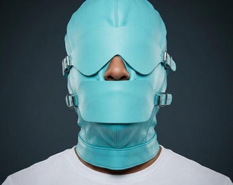 Light Blue Synthetic Leather Full Face Hood for Adult Cosplay and Masquerade Parties