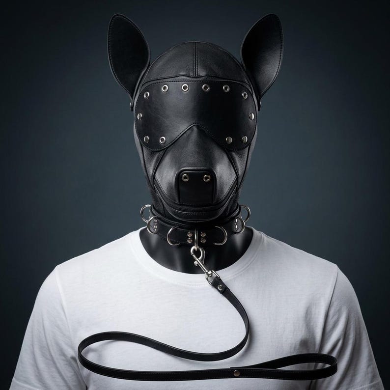 May include: Black leather dog hood with eye coverings, rivets, and attached ears. A matching collar with metal rings and a leash are also included. The hood is worn over a white t-shirt.