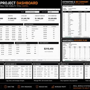 May include: A project dashboard with the title "PROJECT DASHBOARD" and the text "REAL-TIME VISIBILITY, TOTAL CONTROL". The dashboard displays project overview, cost overview, budget breakdowns, and other project-related data. The dashboard also includes the text "BUILT AUTHORITY".