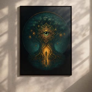 May include: A framed wall art print featuring a dark teal and gold circular illustration of a large tree with a glowing golden eye at its centre. A silhouette of a person stands in a bright golden doorway at the base of the tree trunk.