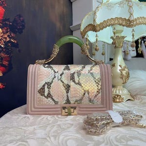 Iridescent Pink Python Print Flap Shoulder Bag, Jade Style Handle Satchel
