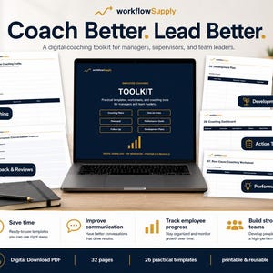 Könnte beinhalten: Ein digitales Coaching-Toolkit für Manager und Teamleiter. Das Bild zeigt einen Laptop, der das "Employee Coaching Toolkit" mit verschiedenen Coaching-Vorlagen anzeigt. Zusätzliche Dokumente und ein Notizbuch mit Stift sind ebenfalls sichtbar.