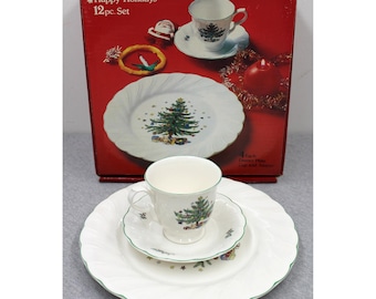 Nikko 12pc Set White Happy Holidays Christmas Tree Swirl Dinnerware Decor