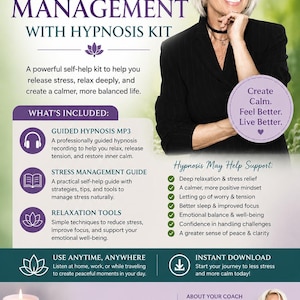 Könnte beinhalten: Ein digitales Hypnose-Set zur Stressbewältigung mit einem Leitfaden, einer geführten Hypnose-MP3 und Entspannungstools. Der Text enthält Find Your Calm, Reset, Recharge, Stress Management With Hypnosis Kit und Holistic Wellness Center.