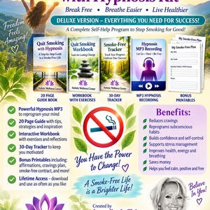 Könnte beinhalten: Ein digitales Download-Set mit dem Titel Deluxe Quit Smoking with Hypnosis Kit. Es enthält einen 20-seitigen Leitfaden, ein Arbeitsbuch, einen 30-Tage-Tracker, eine MP3-Aufnahme und Bonus-Druckvorlagen. Design mit Nichtraucher-Symbol und Blättern.