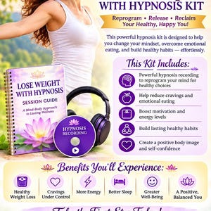 May include: A weight loss hypnosis kit featuring a spiral-bound session guide, a purple disc labeled Hypnosis Recording, and black over-ear headphones. The promotional material includes text detailing benefits like healthy weight loss and energy.