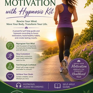 May include: A promotional flyer for an Exercise Motivation with Hypnosis Kit. It features text about mind, body, spirit, and transformation, alongside a graphic of a runner on a path at sunset. Includes icons for hypnosis audio and a self-help guide.