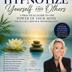 Puede incluir: Una portada de libro titulada How to Hypnotize Yourself and Others, A Practical Guide to the Power of Your Mind for Healing, Growth & Transformation. Incluye una flor de loto, piedras apiladas y un retrato de Jacqueline LeClaire.