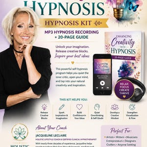 May include: A digital product kit titled Enhancing Creativity with Hypnosis, featuring a lightbulb graphic, a 20-page guide, and an MP3 recording. The layout includes text about unlocking imagination, coaching by Jacqueline Leclaire, and wellness benefits.
