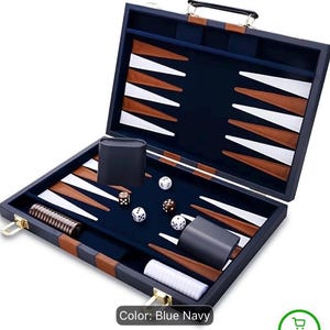 Navy Blue Leather Backgammon Set, Travel Board Game, Medium Size, Gift for Him