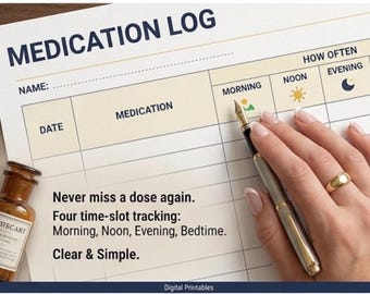 Afdrukbaar medicatielogboek, dagelijkse pillentracker, Health Organizer met 4 tijdvakken (digitale download)