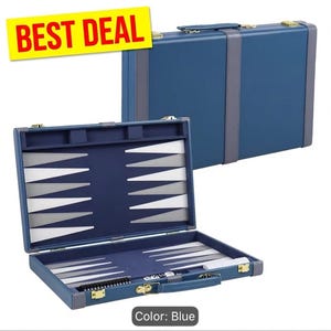 May include: A blue backgammon set with a closed case and an open board featuring white and grey triangular points. The set includes a handle, gold-toned metal latches, and a yellow sign with the text BEST DEAL. The color is labeled as blue.