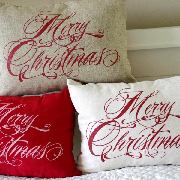 Feliz Navidad almohada cubierta, 12 x 16", 12 x 20", 16 x 16, 18 x 18 de lino natural, tela cruzada crema y rojo gamuza