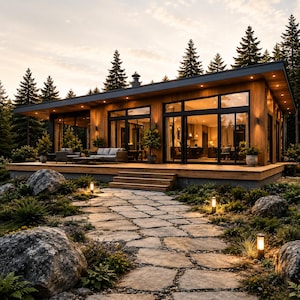 Puede incluir: Una casa moderna de una planta con revestimiento de madera y grandes ventanales, que cuenta con una amplia terraza de madera con muebles de exterior. Un camino de piedra conduce a la entrada, rodeado de grandes rocas y plantas verdes.