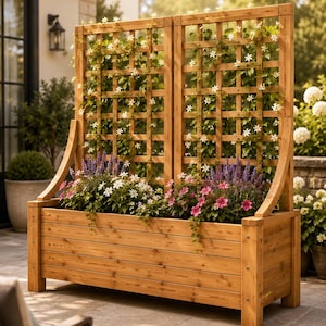 May include: A rectangular wooden planter box featuring a tall, integrated lattice trellis. The planter is filled with a variety of blooming flowers, including white, pink, and purple blossoms, with green vines climbing up the wooden grid structure.