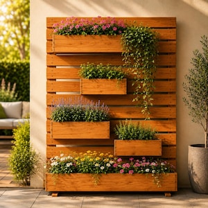 May include: A vertical wooden garden planter featuring a slatted back panel with five rectangular boxes attached at varying heights. The boxes contain a variety of green foliage, trailing vines, and colorful pink, purple, white, and yellow flowers.