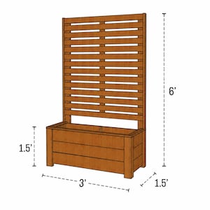 Peut inclure: Une jardinière en bois brun avec un treillis vertical attaché. La structure mesure 3 pieds de large, 1,5 pied de profondeur et 1,5 pied de hauteur pour la base, avec une hauteur totale de 6 pieds incluant le panneau arrière à lattes.