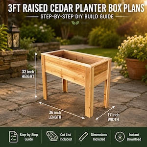 Könnte beinhalten: Ein hölzernes Hochbeet mit dem Text 3FT RAISED CEDAR PLANTER BOX PLANS STEP-BY-STEP DIY BUILD GUIDE. Die Struktur hat eine Höhe von 81,28 cm, eine Länge von 91,44 cm und eine Breite von 43,18 cm, inklusive Symbolen für eine Bauanleitung und Schnittliste.