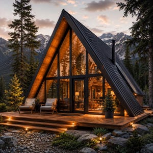 Op de afbeelding: Een moderne A-frame hut met een zwart metalen dak en grote glazen ramen. De structuur heeft een houten terras met twee stoelen, warme binnenverlichting en een omgeving van dennenbomen en besneeuwde bergen tijdens de schemering.
