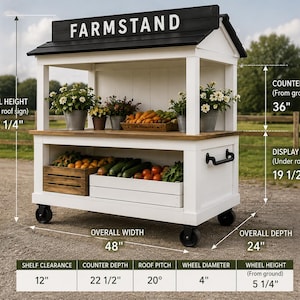 Könnte beinhalten: Ein weißer und hölzerner Marktstand mit schwarzem Dach und dem Wort "FARMSTAND" in Weiß. Der Stand hat eine Thekenhöhe von 91,4 cm und eine Auslagehöhe von 49,5 cm. Er ist 121,9 cm breit und 61 cm tief.