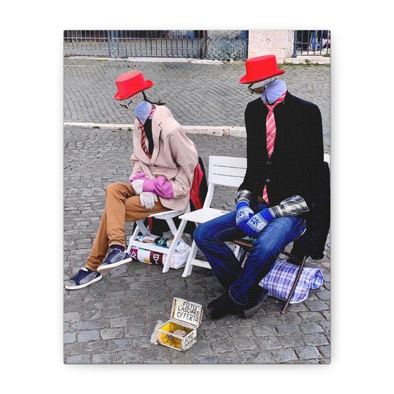 Street Performance in Rome Photo Canvas Wall Art Two Red-Hatted Musicians