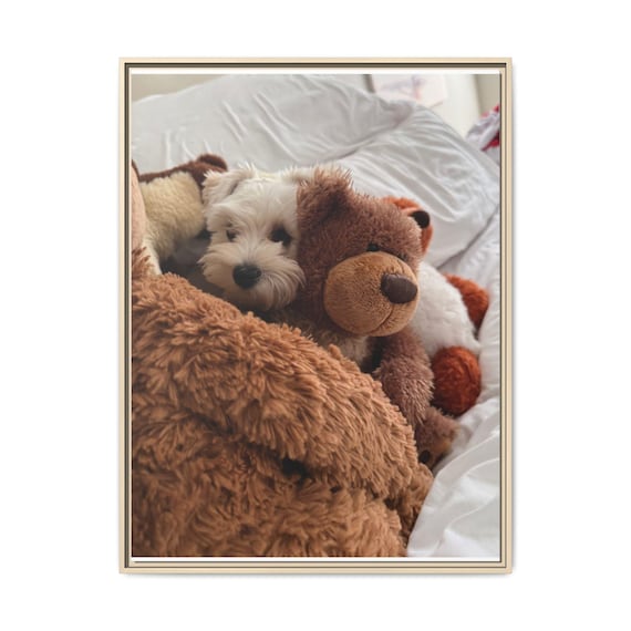 Cozy Puppy & Plush Toy Photo Canvas Print — Framed or Stretched Wall Art