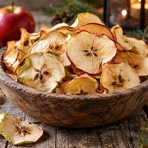 May include: A rustic wooden bowl filled with thin, dehydrated apple slices. The dried fruit pieces are light tan with visible dark brown seeds in the center and thin red or green skin edges. Several loose apple chips rest nearby.