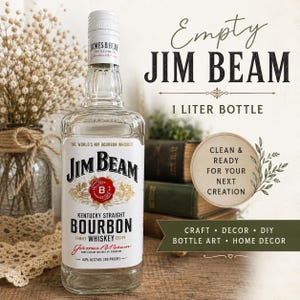 May include: An empty 1 liter Jim Beam bourbon whiskey glass bottle with a white screw cap. The front label features the Jim Beam logo, the text "Kentucky Straight Bourbon Whiskey," and "40% ALC/VOL (80 PROOF)." The bottle is clear glass.