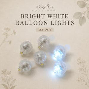 May include: A set of six small, spherical, clear plastic balloon lights. Two of the lights are illuminated with a bright white glow, while the other four are unlit. The text "S&S SALVAGED & STRANGE BRIGHT WHITE BALLOON LIGHTS SET OF 6" is visible.